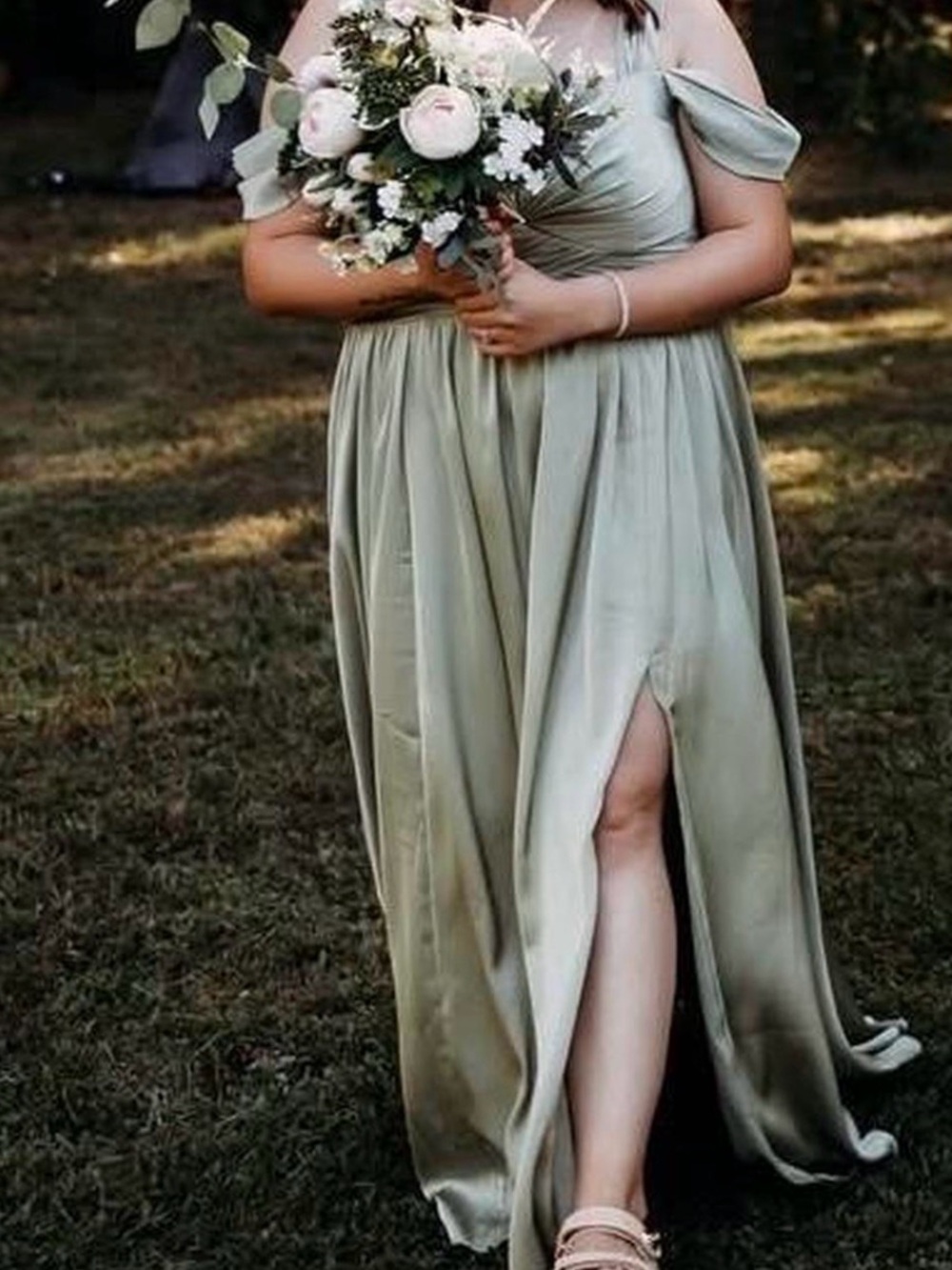 Pistachio Green Off-Shoulder Bridesmaid Dress with Thigh Slit